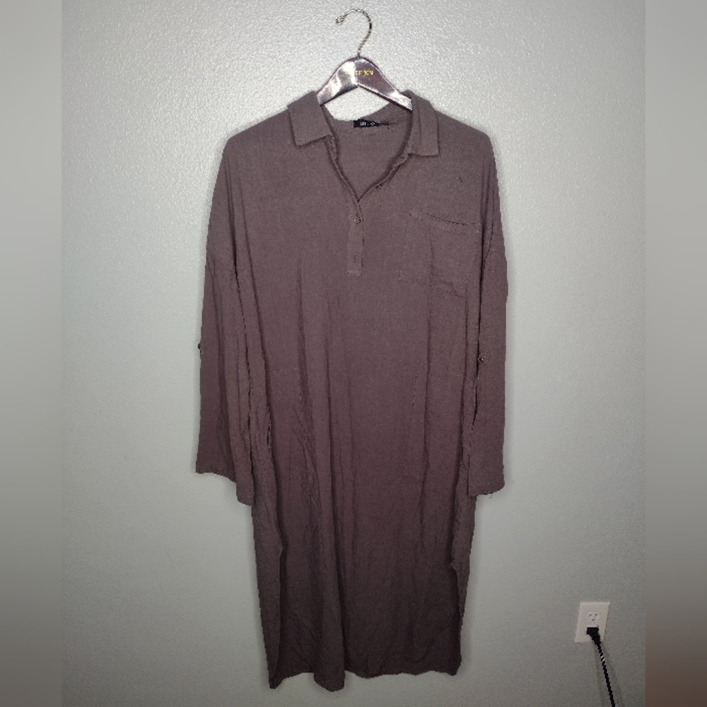 Utcoco Women Lagenlook Midi Shirt Dress Gray 3/4 Sleeve Pockets Minimalist B13